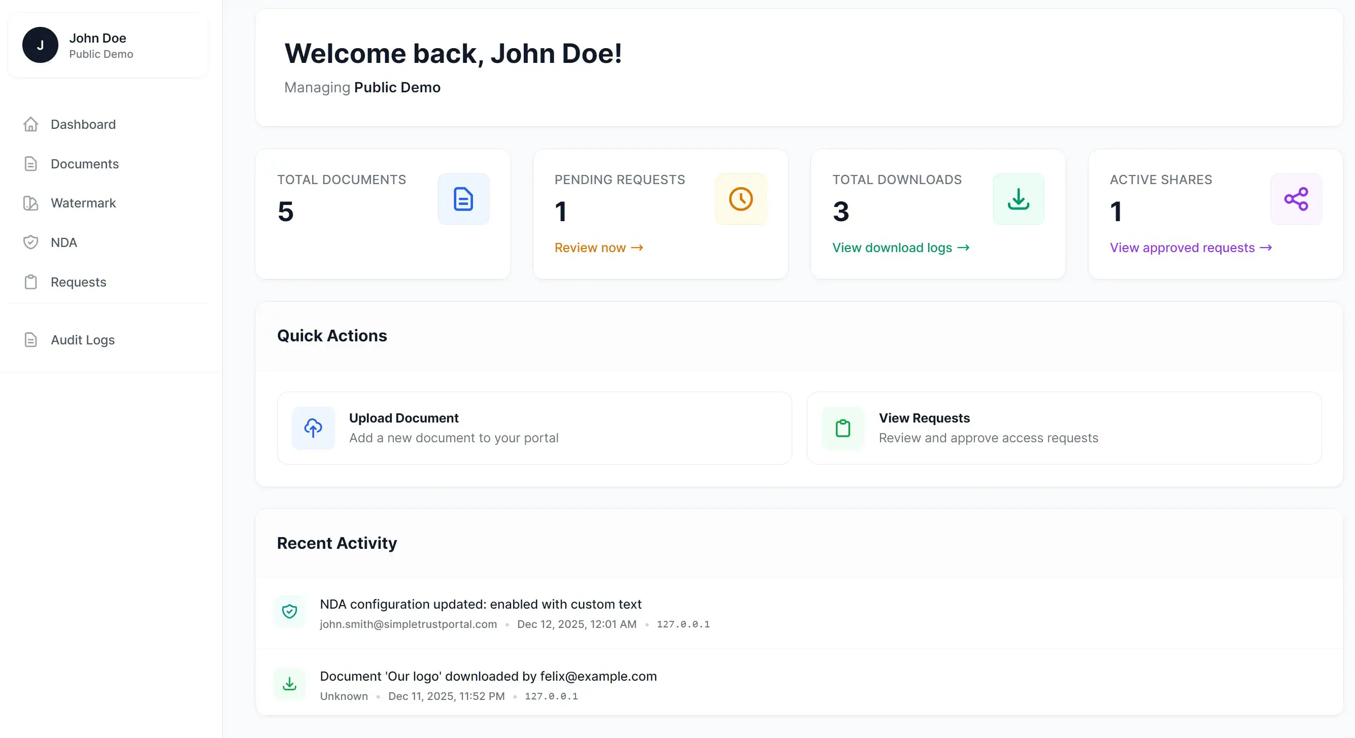Simple Trust Portal Dashboard